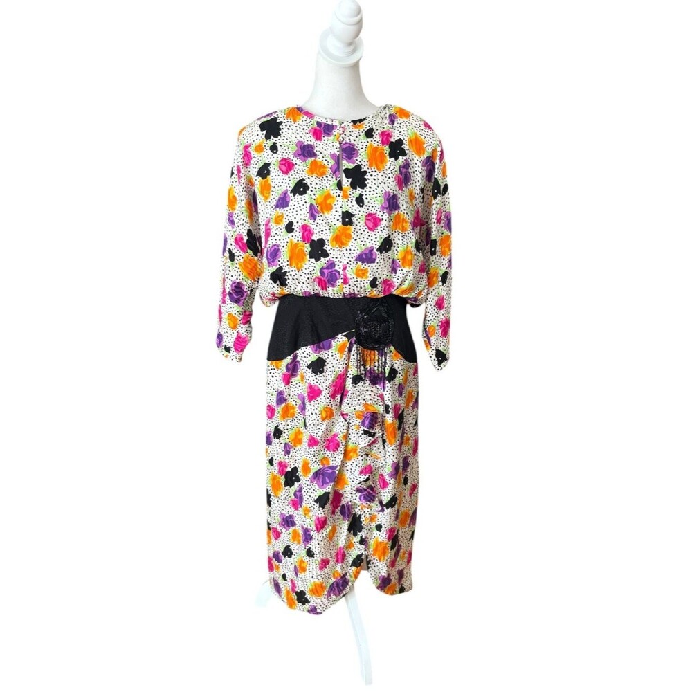 Oleg Cassini Vintage 80s Silk Floral Dot Midi Dress Womens Size 14